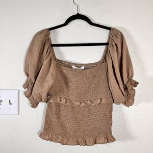 Mustard Seed NWT Woman L Boho Ruffled Smocking Crop Top Rust Fall Balloon Sleeve